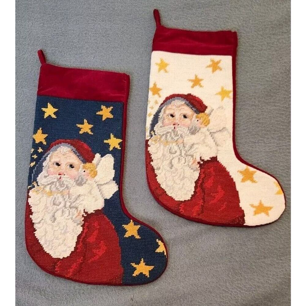 2- Vintage Needlepoint Christmas Stocking Santa Claus Starry Sky Red‎ Velvet